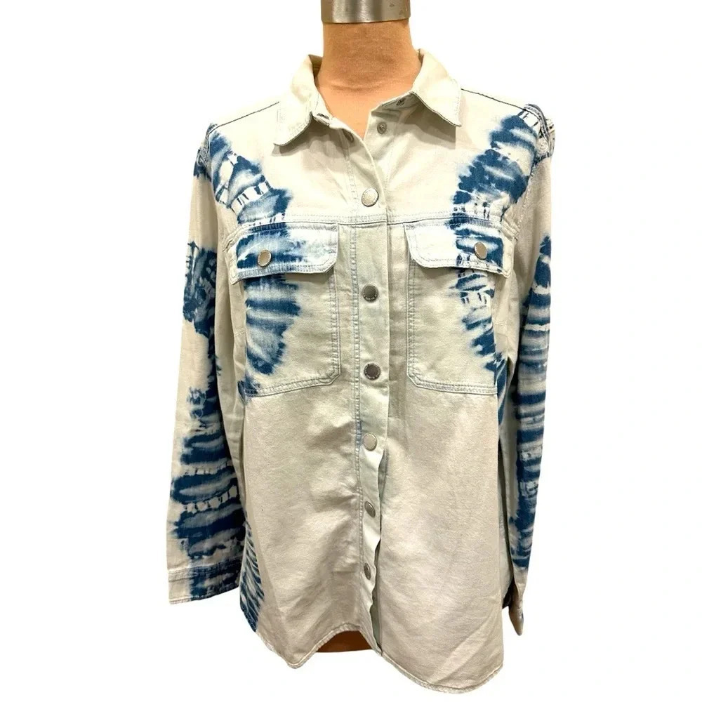 H&M Divided Women’s Blue Tie Dye Denim Shacket Button Jean Jacket Size Medium